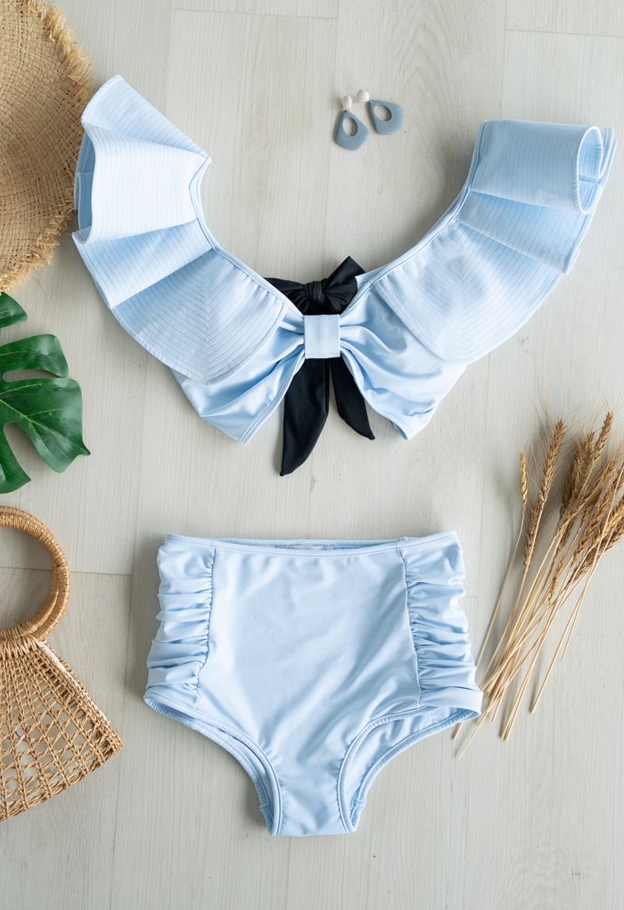 Bikini-Set mit tiefem V-Ausschnitt und Bowknot-Rüschenbesatz