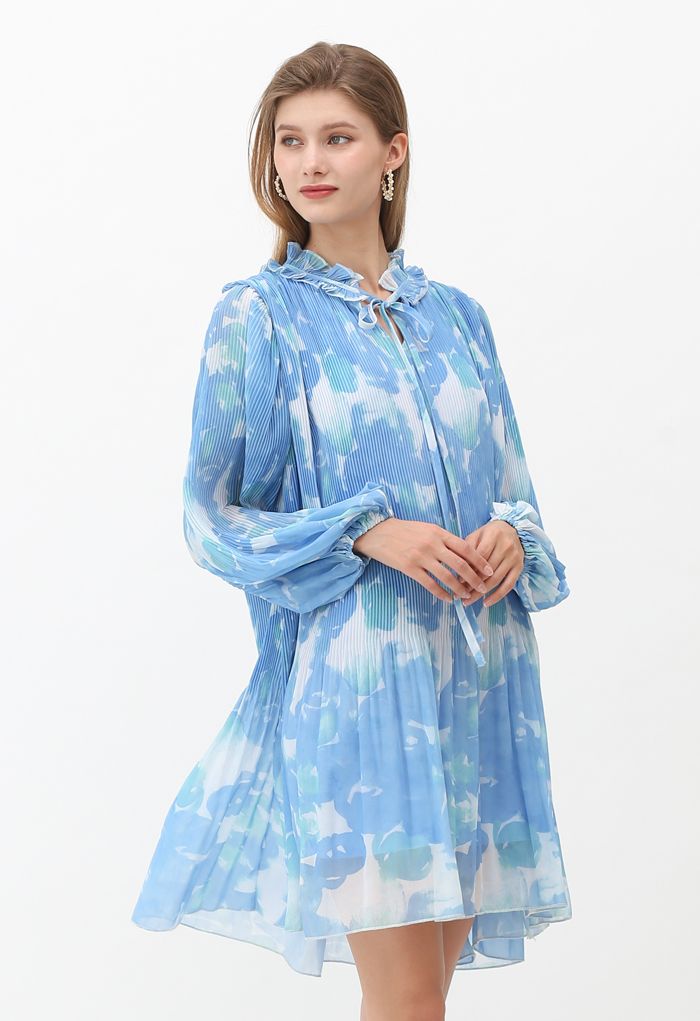 Plissiertes Rüschen-Puffärmel-Tie-Dye-Dolly-Kleid