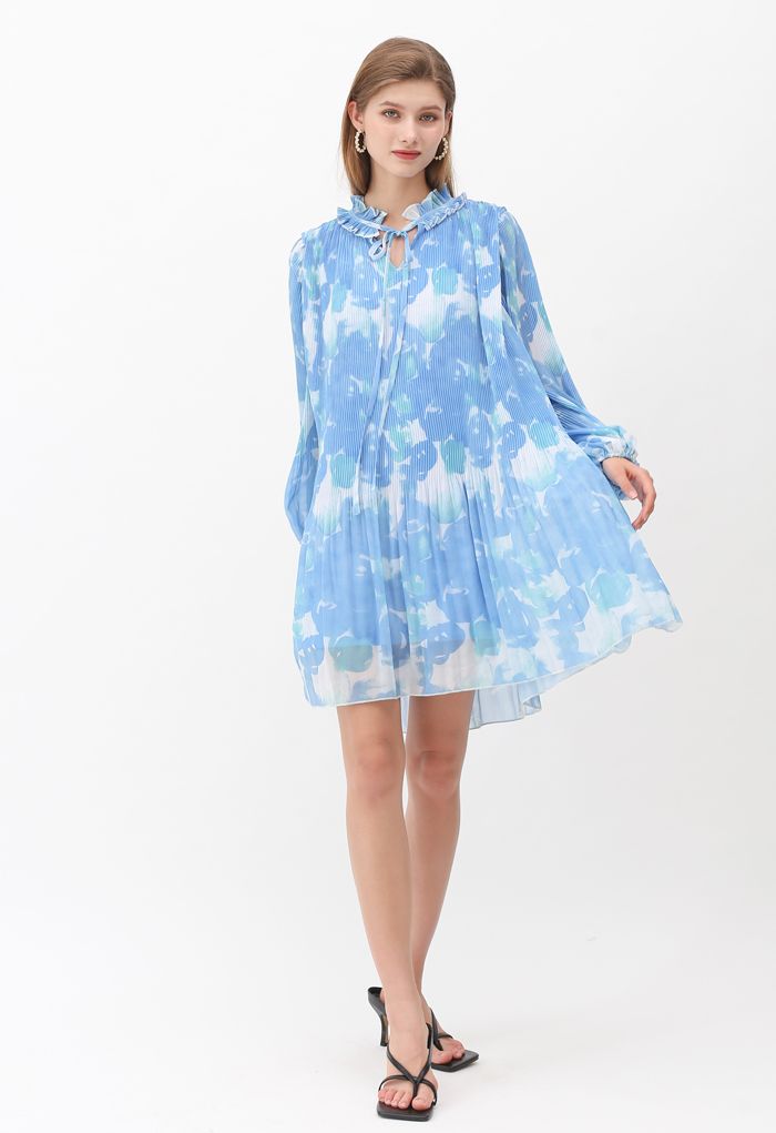 Plissiertes Rüschen-Puffärmel-Tie-Dye-Dolly-Kleid