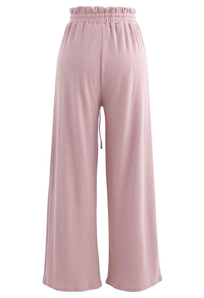 Gerippte Yoga Hose mit Kordelzug und Papiertüten-Taille in Rosa