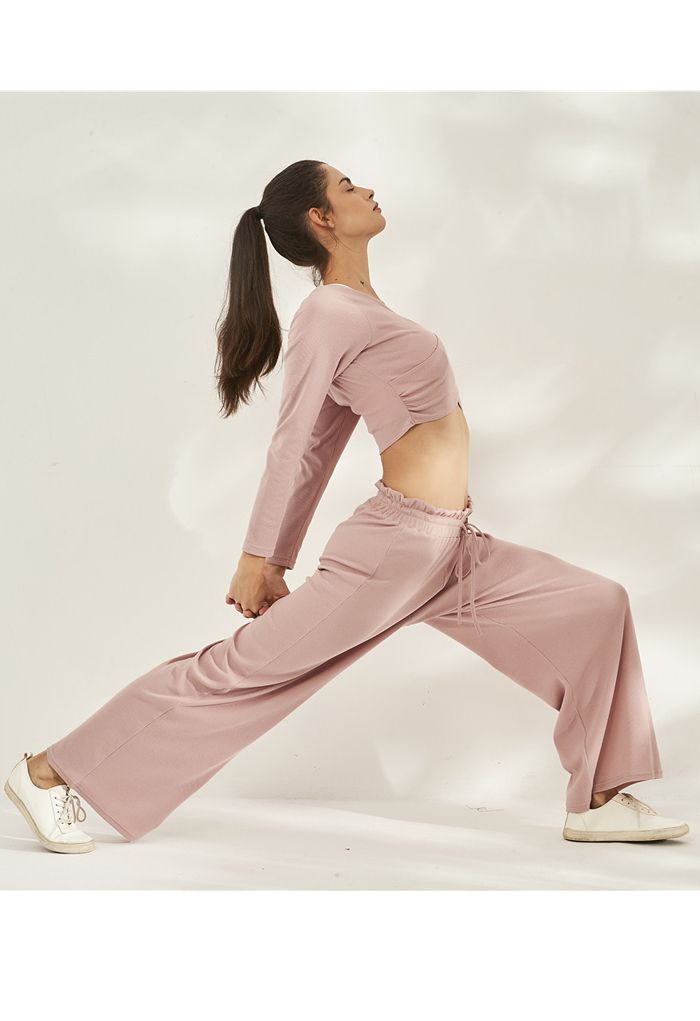 Gerippte Yoga Hose mit Kordelzug und Papiertüten-Taille in Rosa
