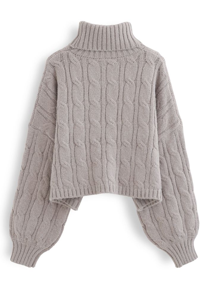 Turtleneck Braid Knit Crop Sweater in Taupe