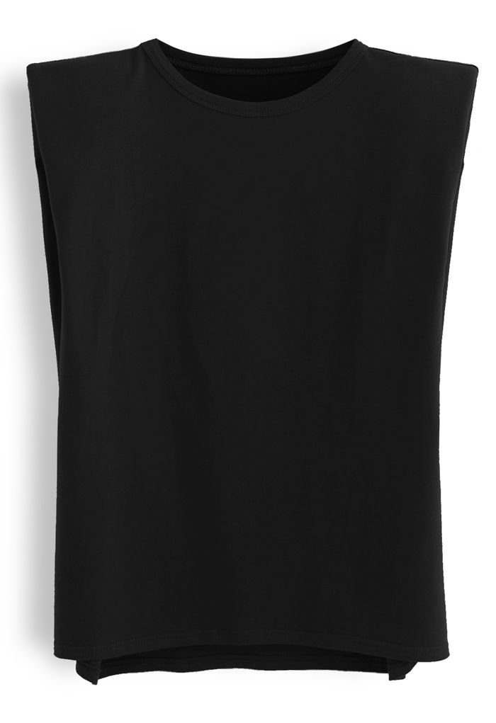 Padded Shoulder Sleeveless Top in Black