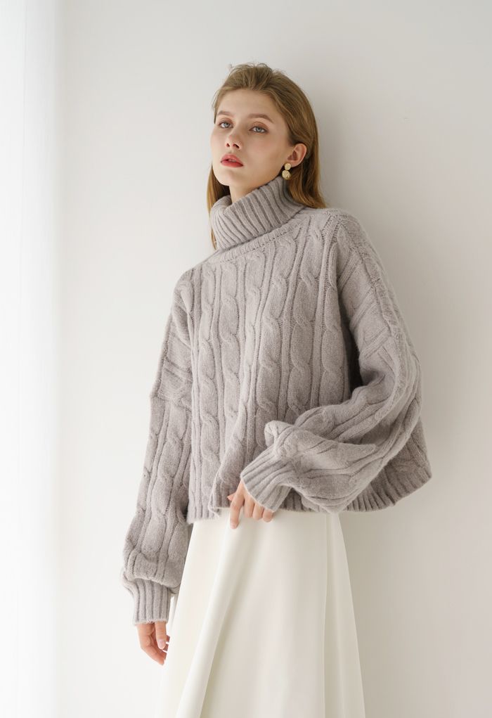 Turtleneck Braid Knit Crop Sweater in Taupe