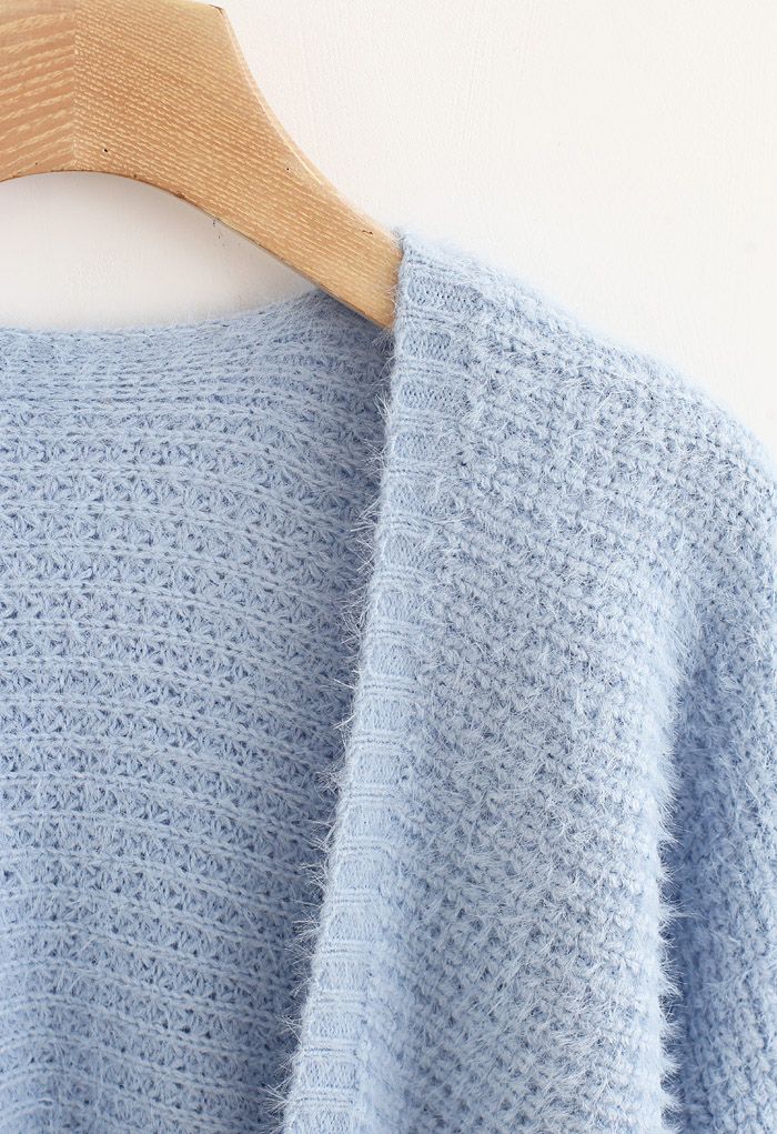 Fuzzy Open Front Waffle Knit Cardigan in Blue