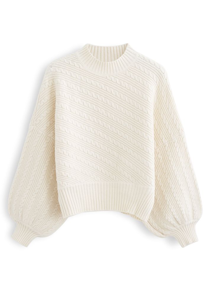 Fledermausärmel Zopfstrick Strickpullover in Creme