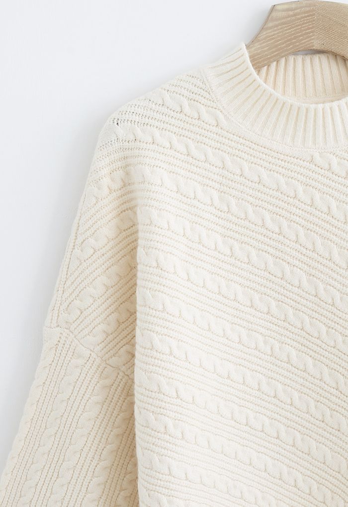 Fledermausärmel Zopfstrick Strickpullover in Creme