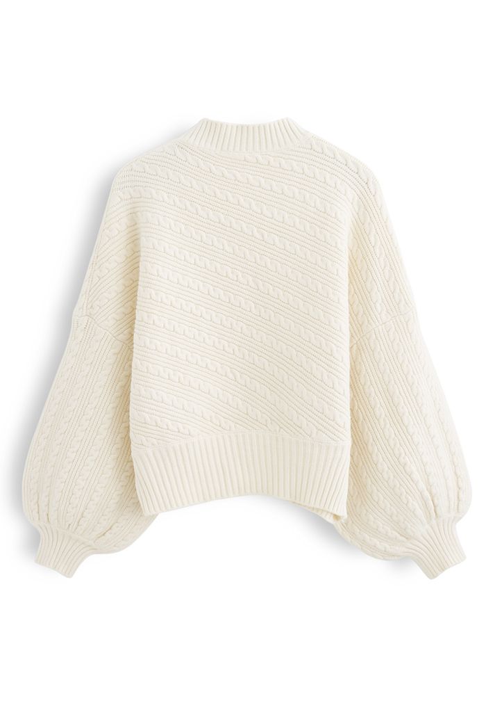 Fledermausärmel Zopfstrick Strickpullover in Creme