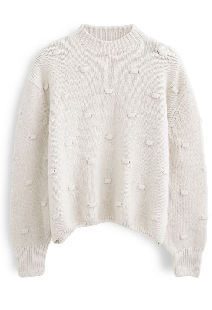 3D Dot High Neck Strickpullover in Creme