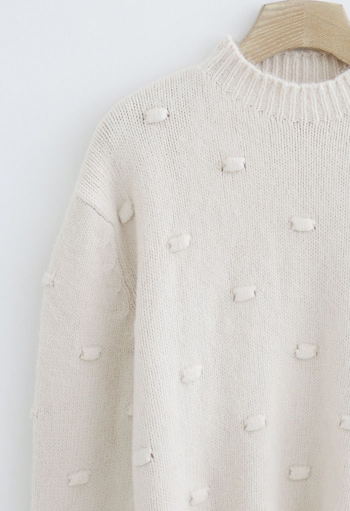 3D Dot High Neck Strickpullover in Creme