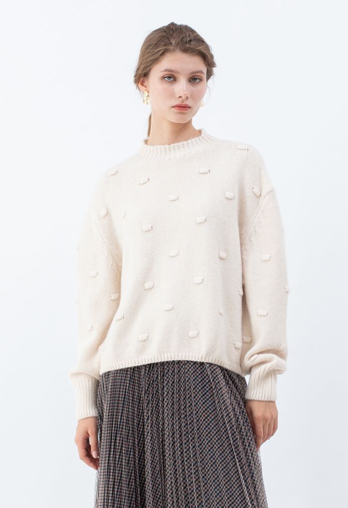 3D Dot High Neck Strickpullover in Creme