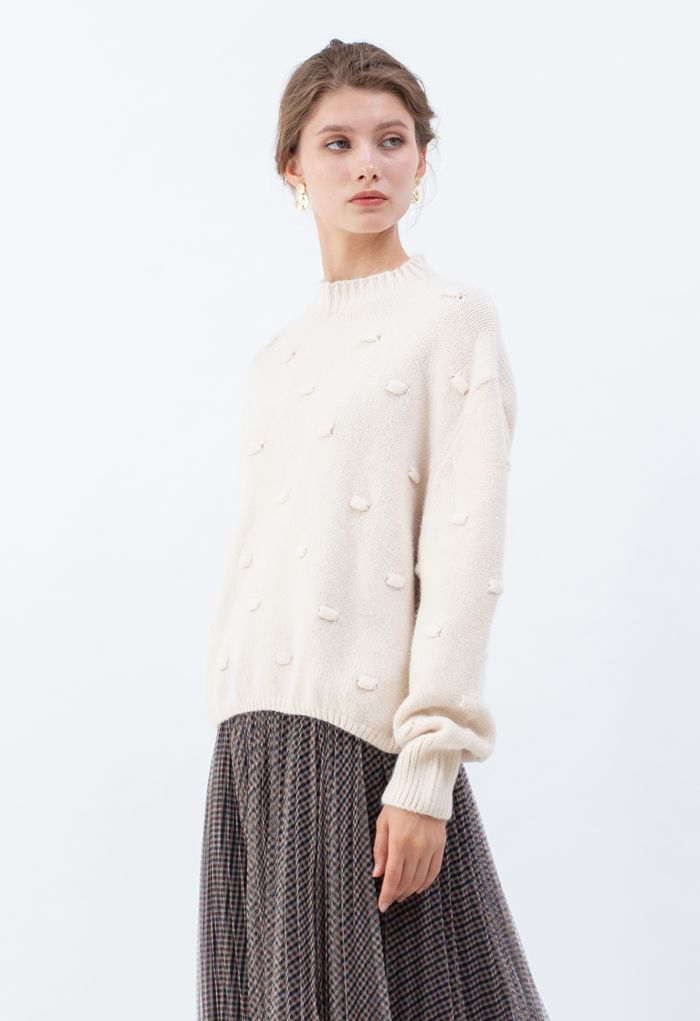 3D Dot High Neck Strickpullover in Creme