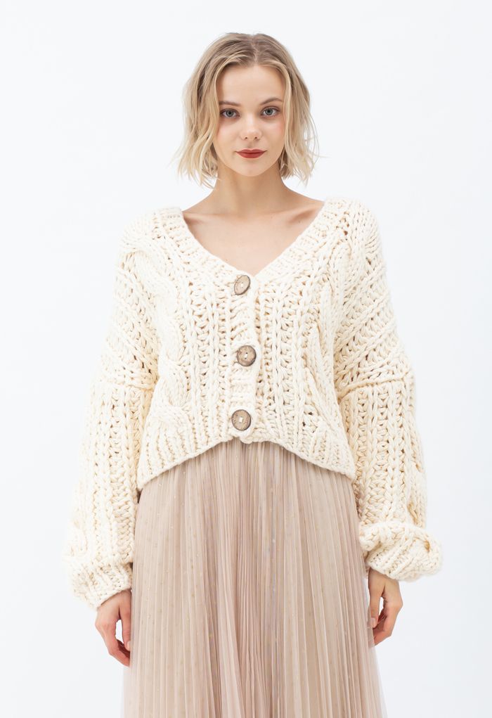 V-Ausschnitt Crop Hand-Strick Chunky Cardigan in Creme