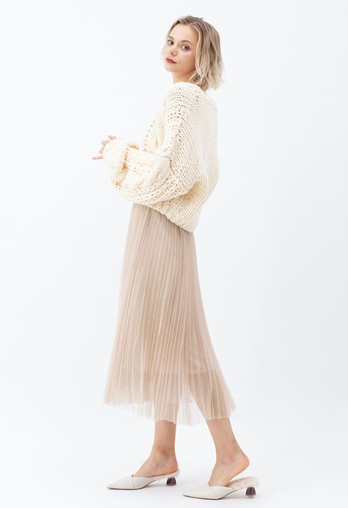 V-Ausschnitt Crop Hand-Strick Chunky Cardigan in Creme