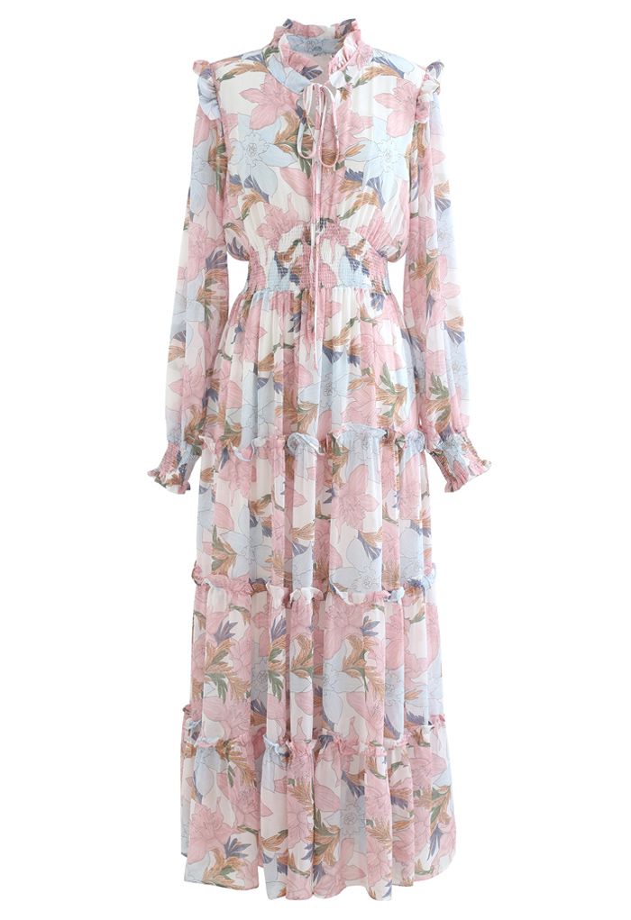 Rosa Lilienblüten-Chiffon-Maxikleid