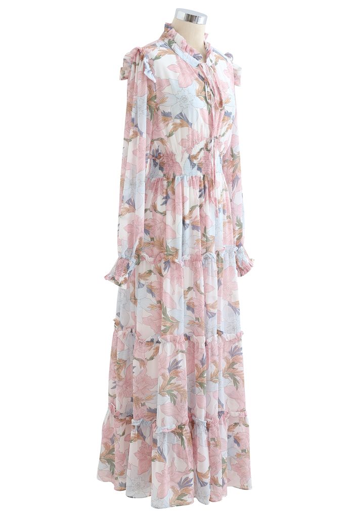 Rosa Lilienblüten-Chiffon-Maxikleid