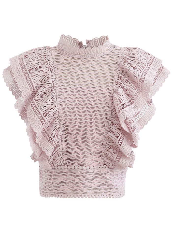 Gestuftes Rüschen-Häkel-Mock-Neck-ärmelloses Top in Pink