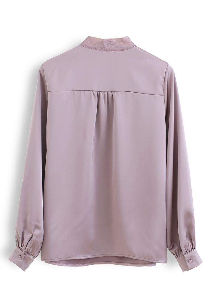 Langarm-Top aus Satin mit Bowknot-Ausschnitt in Lila