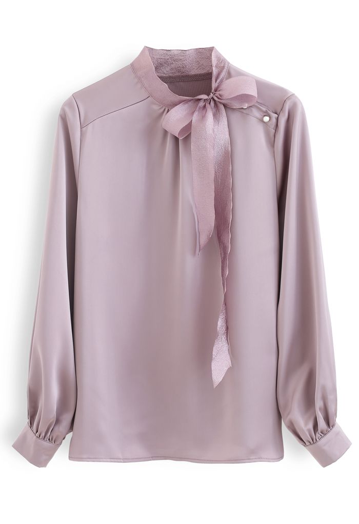 Langarm-Top aus Satin mit Bowknot-Ausschnitt in Lila