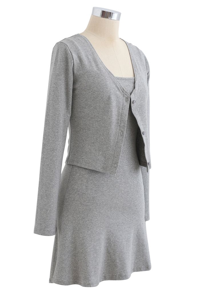 Baumwollmischung V-Ausschnitt Knopf Twinset Kleid in Grau