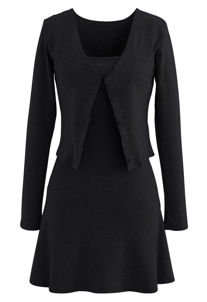 Baumwollmischung V-Ausschnitt Knopf Twinset Kleid in Schwarz