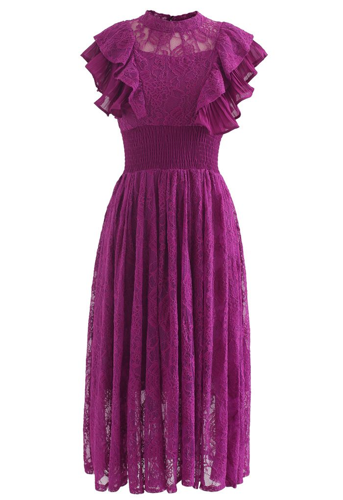 Ärmelloses Midi-Spitzenkleid mit Rüschen in Magenta