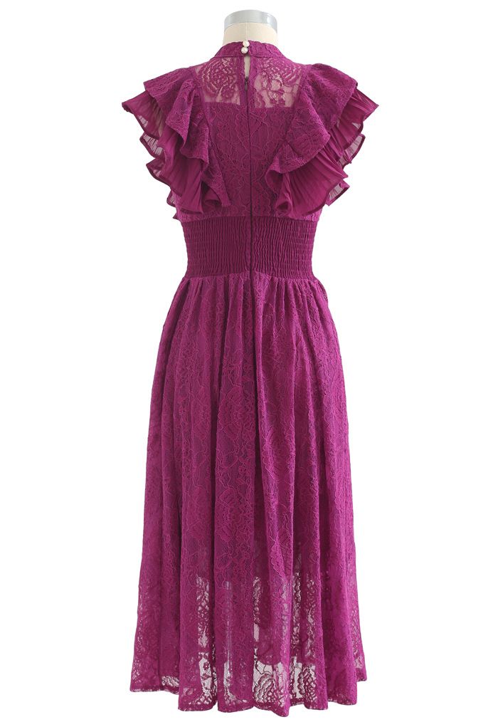 Ärmelloses Midi-Spitzenkleid mit Rüschen in Magenta