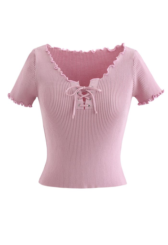 Lace-Up Crop Knit Top mit Salatrand in Pink