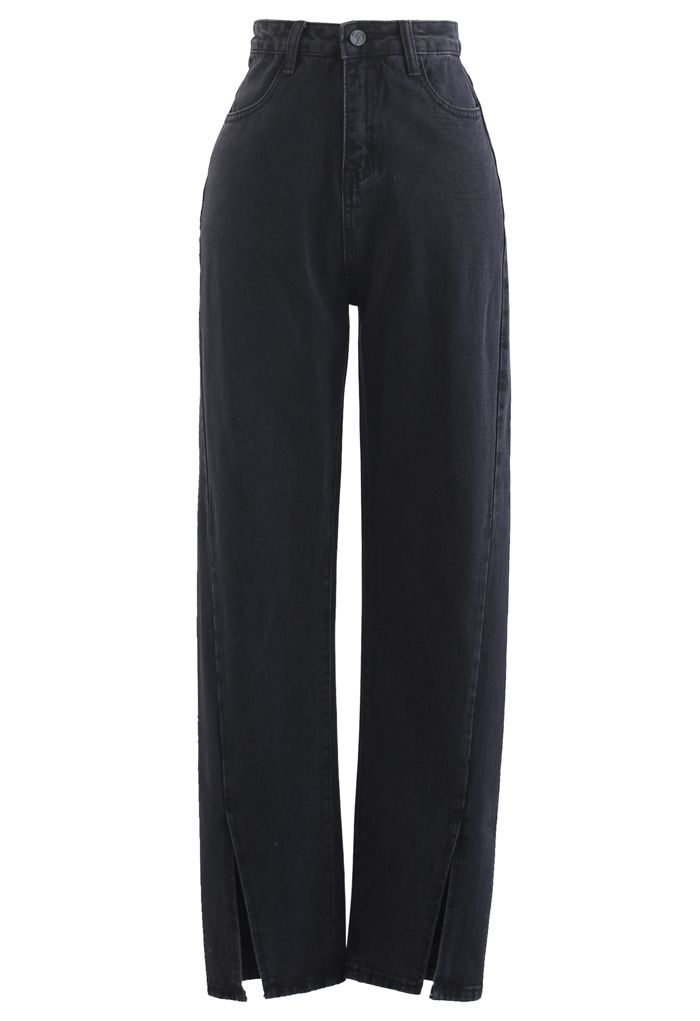 Slit Cuffs High Waist Soft Jeans in Schwarz