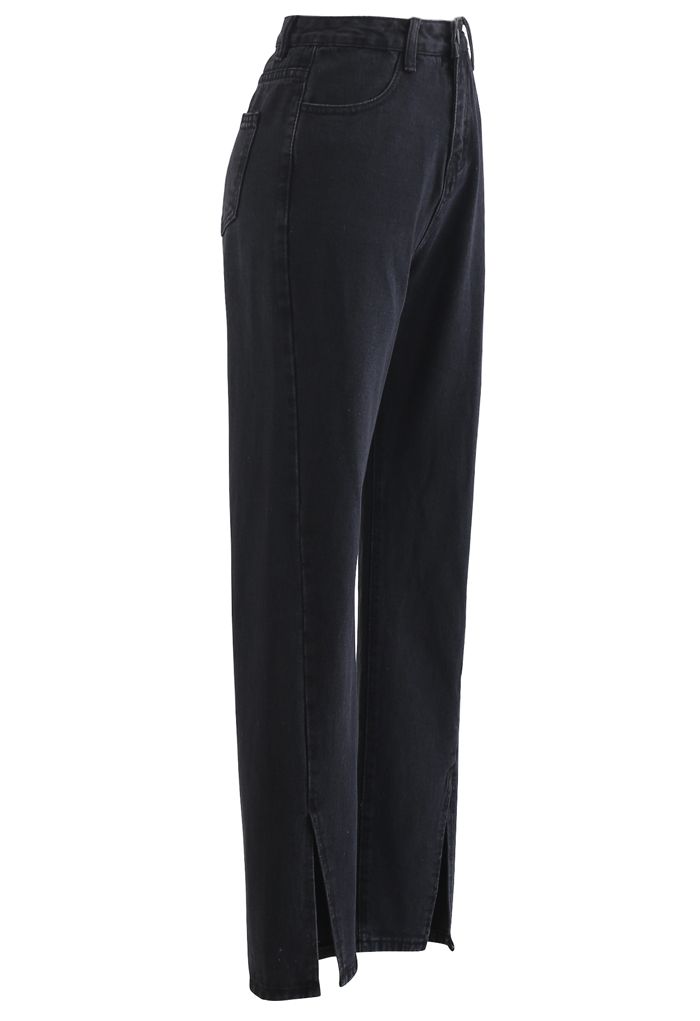 Slit Cuffs High Waist Soft Jeans in Schwarz