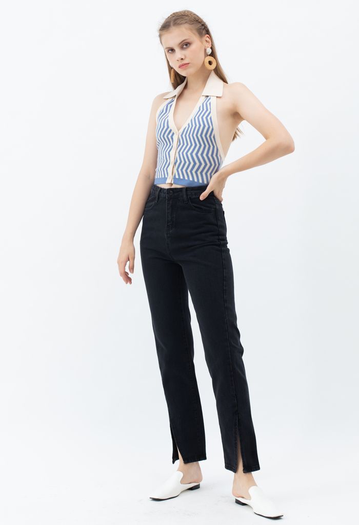 Slit Cuffs High Waist Soft Jeans in Schwarz