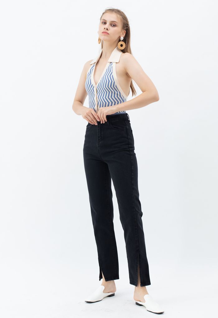 Slit Cuffs High Waist Soft Jeans in Schwarz