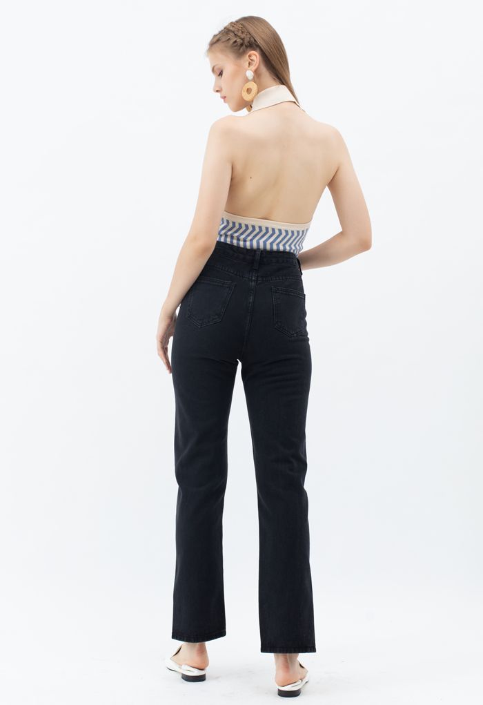 Slit Cuffs High Waist Soft Jeans in Schwarz