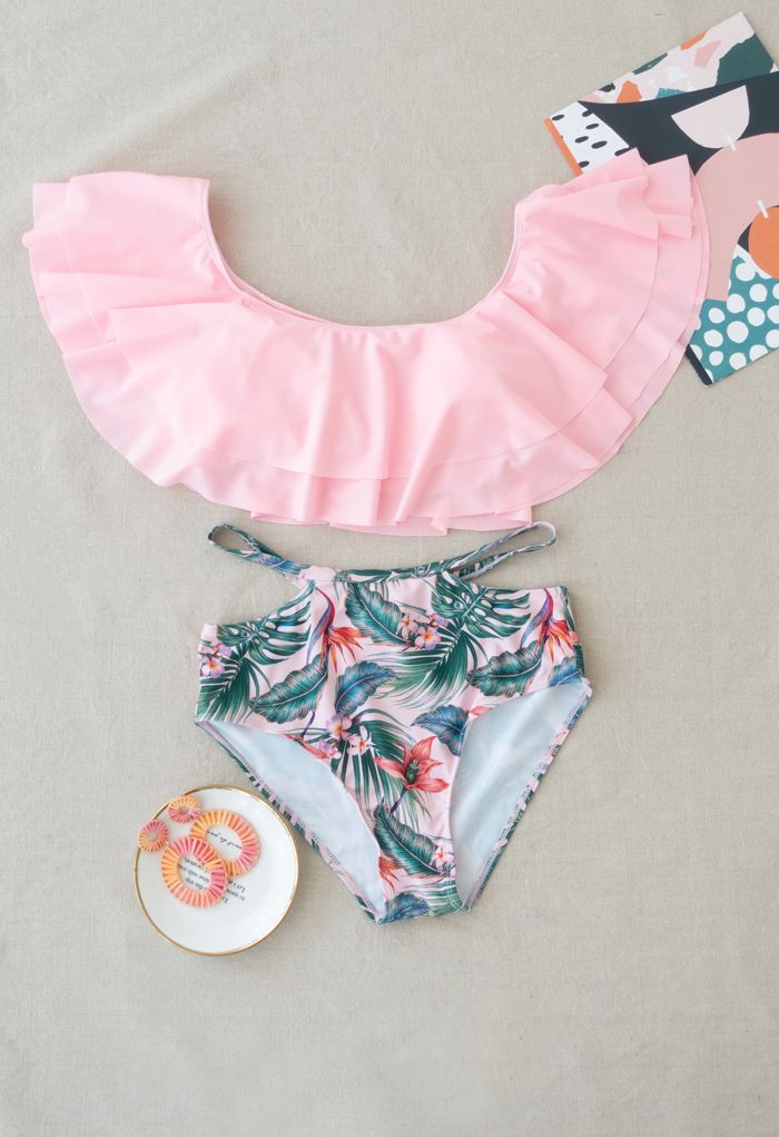 Abgestufte Schulter Tropisch Bikini Set für Mama & Kinder