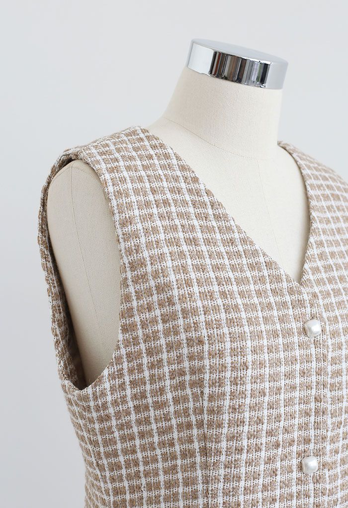 Ärmelloses, schimmerndes Tweed-Kleid mit Knöpfen aus Leinen