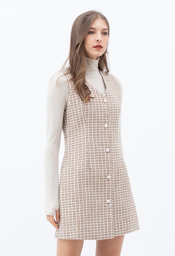 Ärmelloses, schimmerndes Tweed-Kleid mit Knöpfen aus Leinen