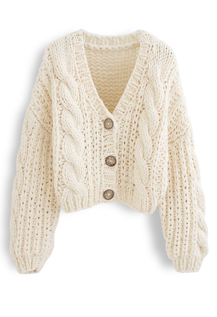 V-Ausschnitt Crop Hand-Strick Chunky Cardigan in Creme