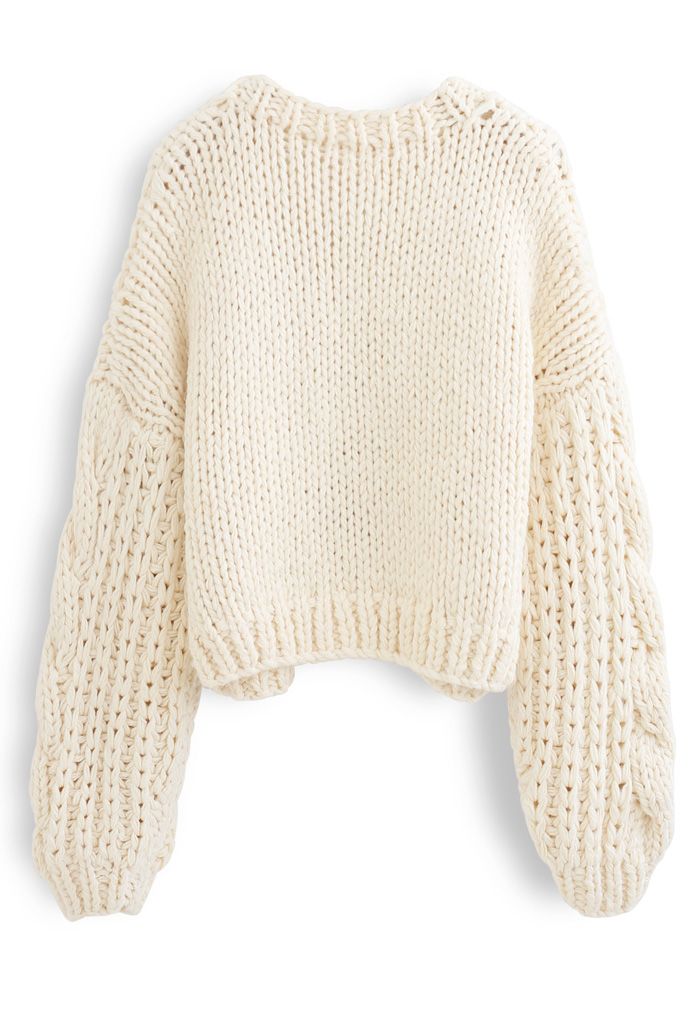 V-Ausschnitt Crop Hand-Strick Chunky Cardigan in Creme