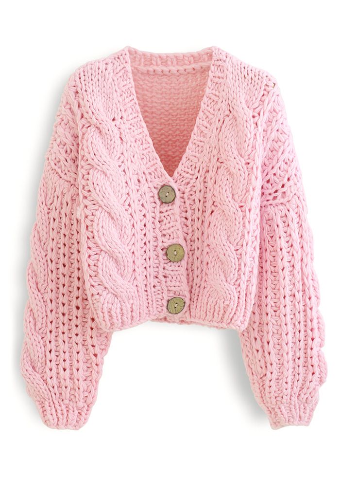 V-Ausschnitt Crop Hand-Strick Chunky Cardigan in Pink