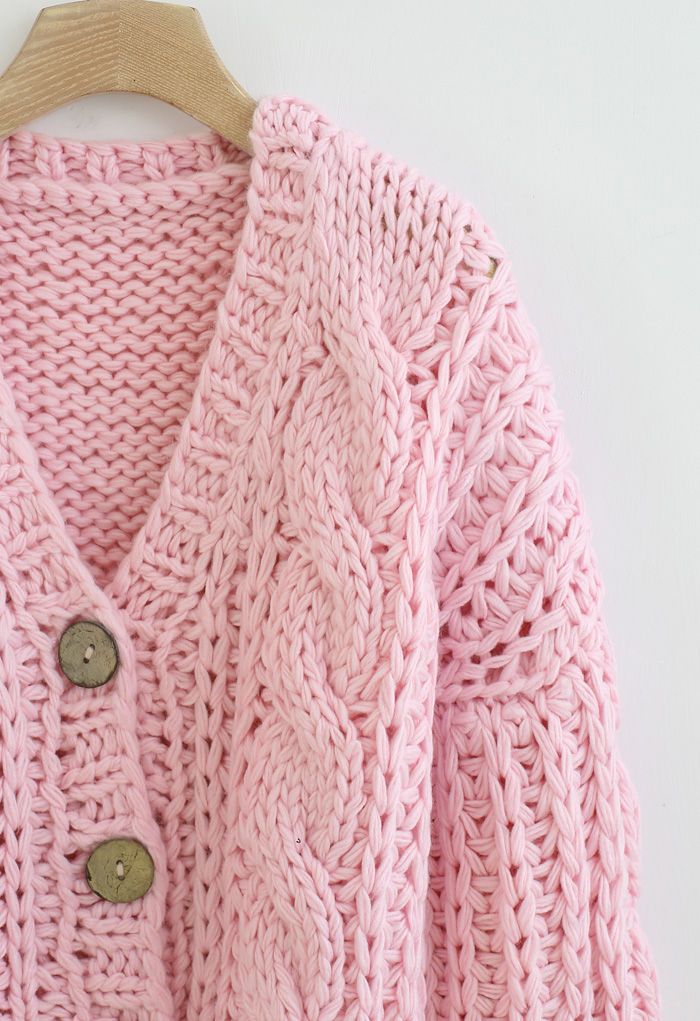 V-Ausschnitt Crop Hand-Strick Chunky Cardigan in Pink