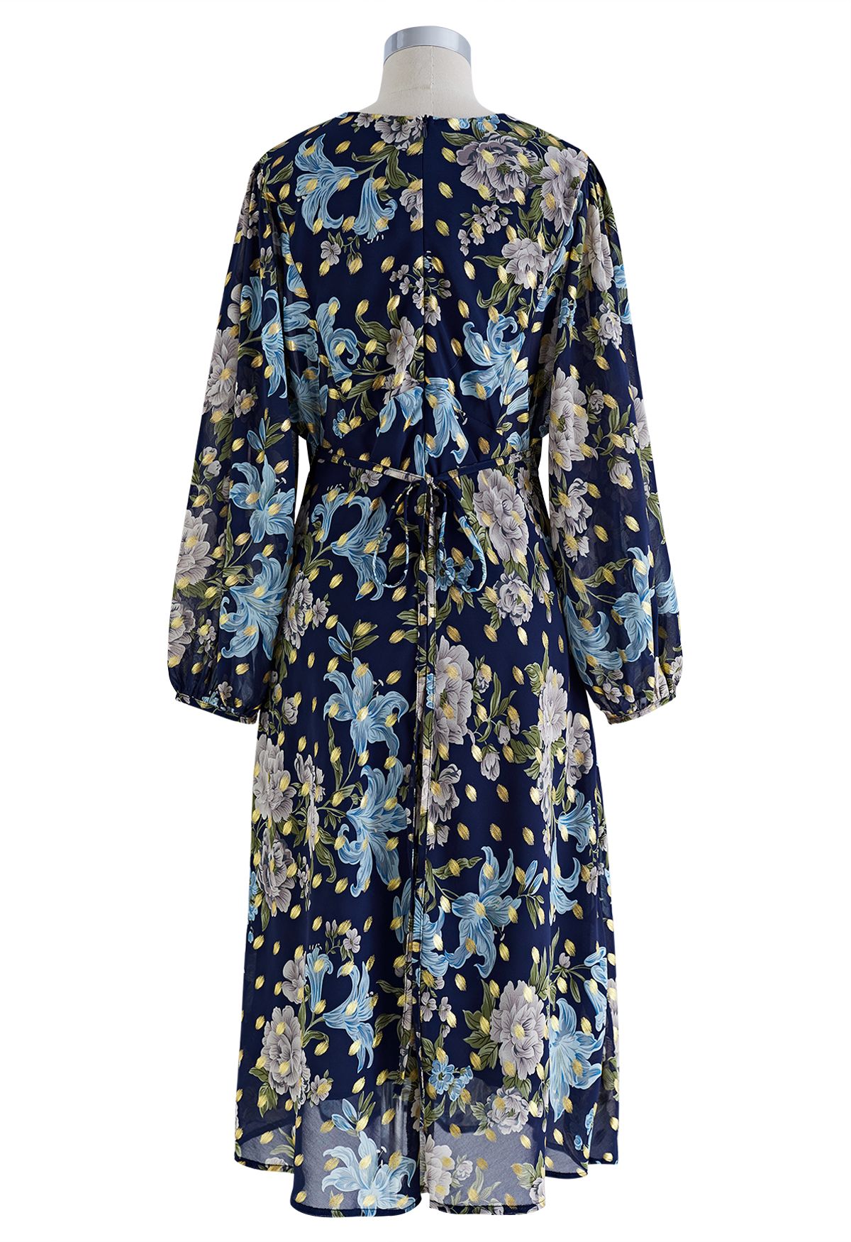 Floral zu sehendes Midikleid mit Goldfleck in Marineblau