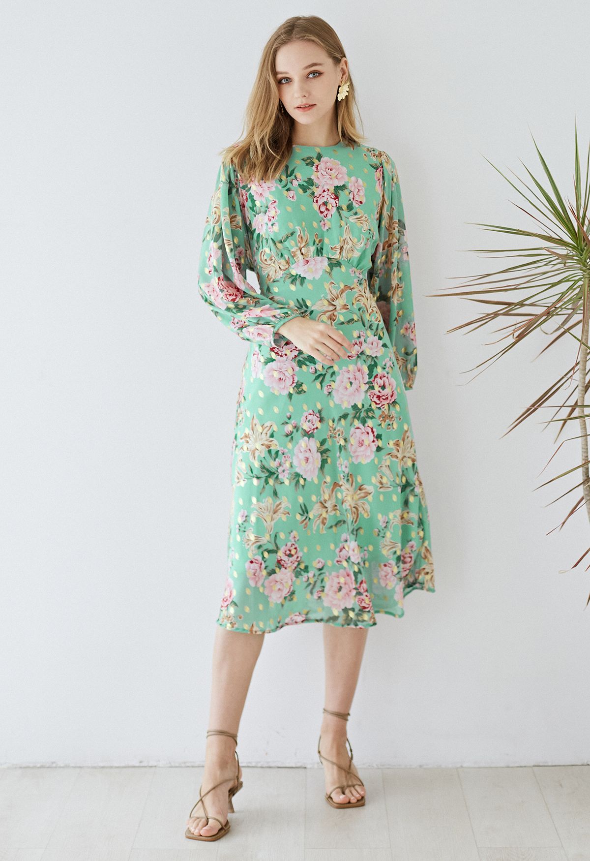 Floral zu sehen Midikleid mit Goldfleck in Mint