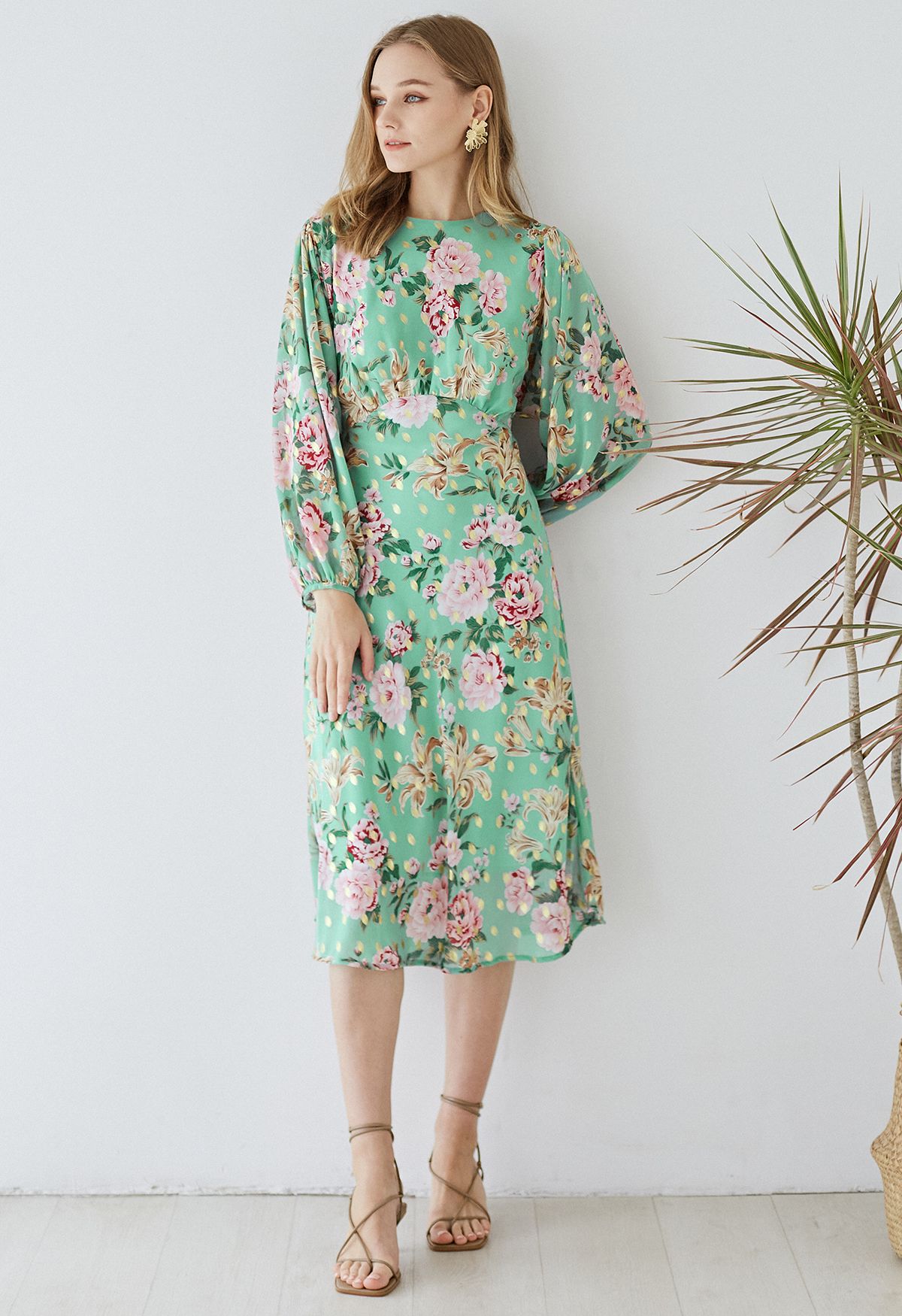 Floral zu sehen Midikleid mit Goldfleck in Mint