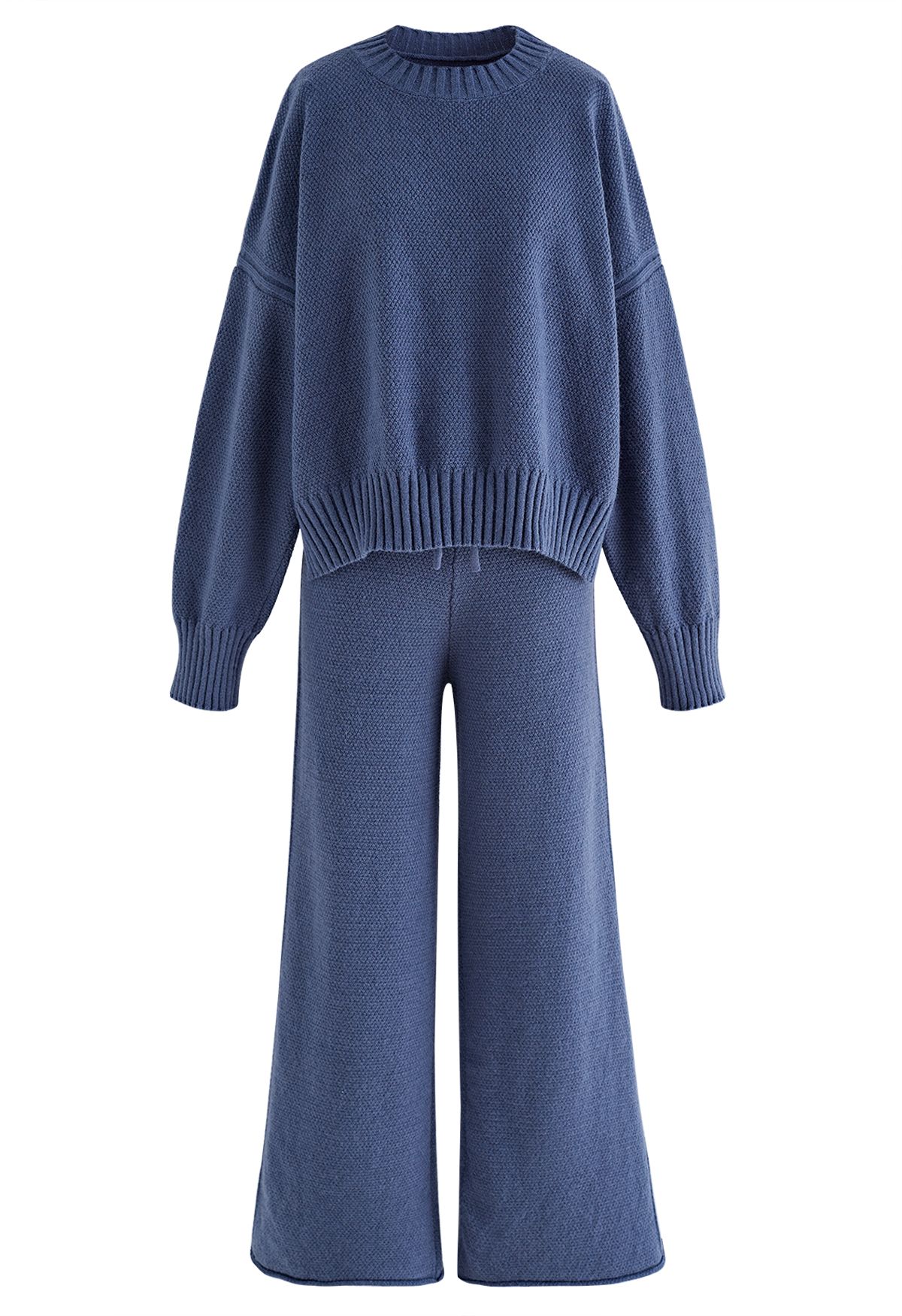 Waffelstrick-Hi-Lo-Pullover und Hose mit weitem Bein im Set in Blau