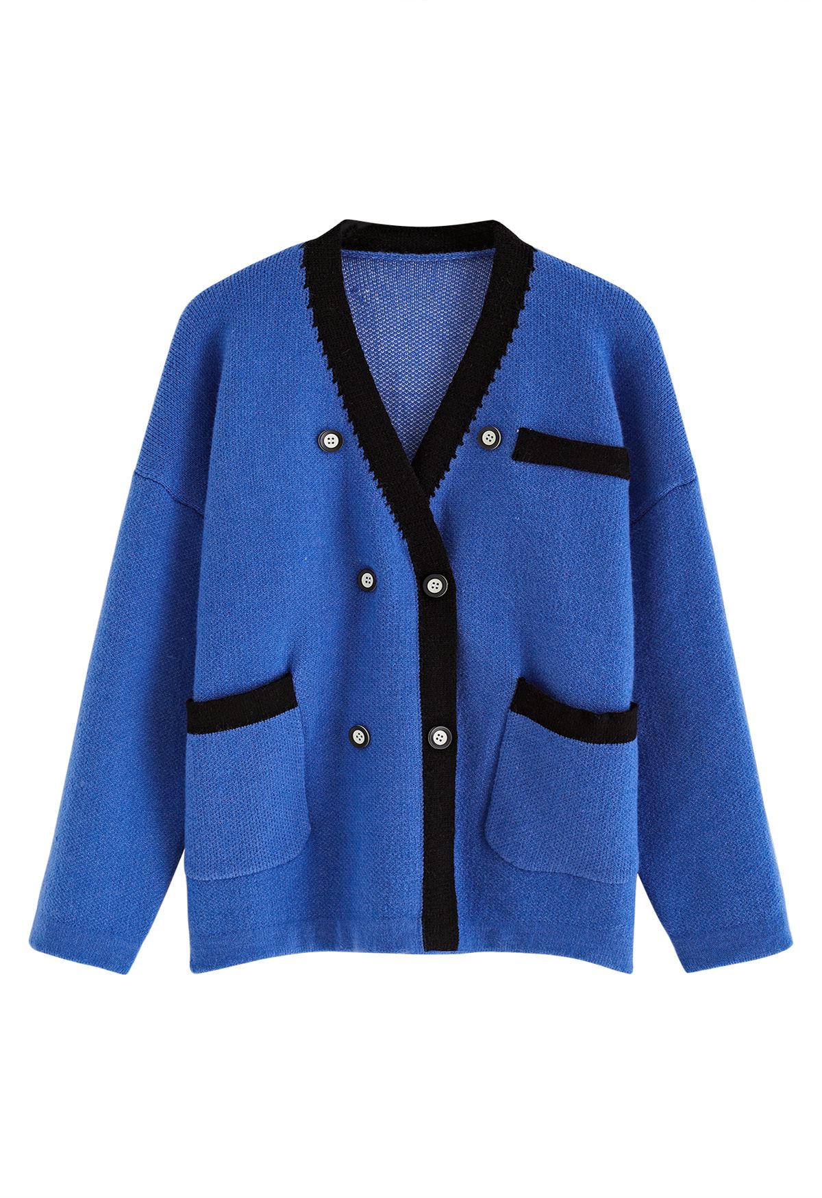 Zweireihiger Cardigan in Kontrastfarbe in Blau