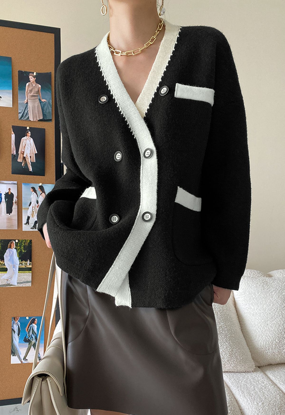 Zweireihiger Cardigan in Kontrastfarbe in Schwarz