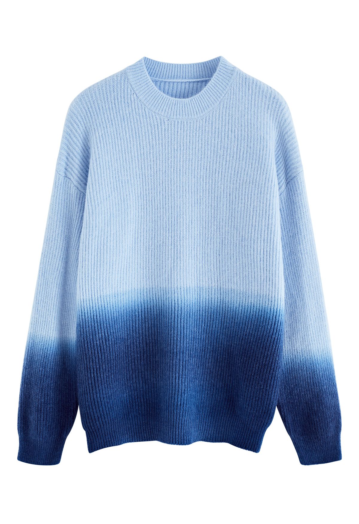 Ombré-Rippstrickpullover mit Rundhalsausschnitt in Blau