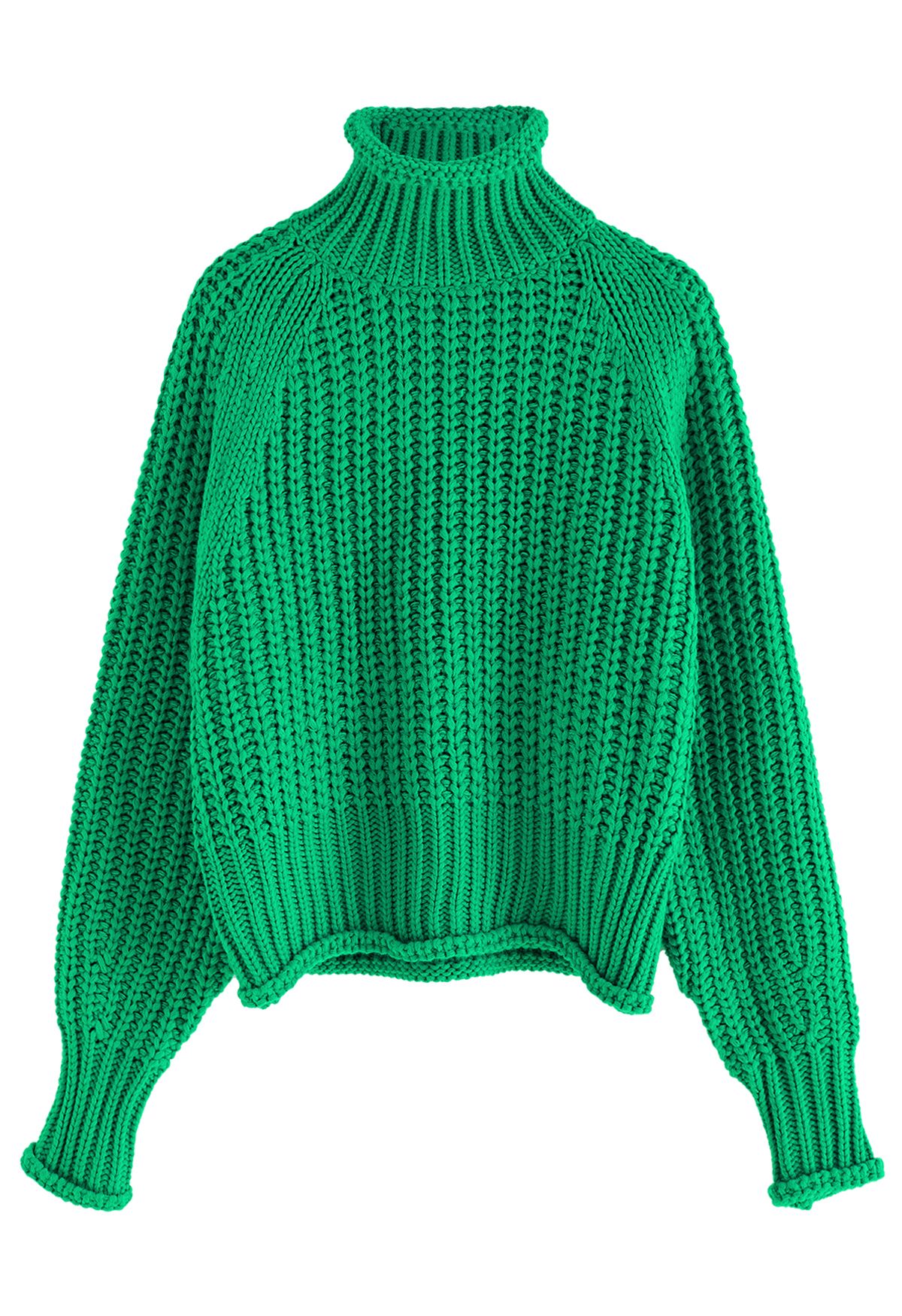 Grobstrickpullover mit Stehkragen in Grün