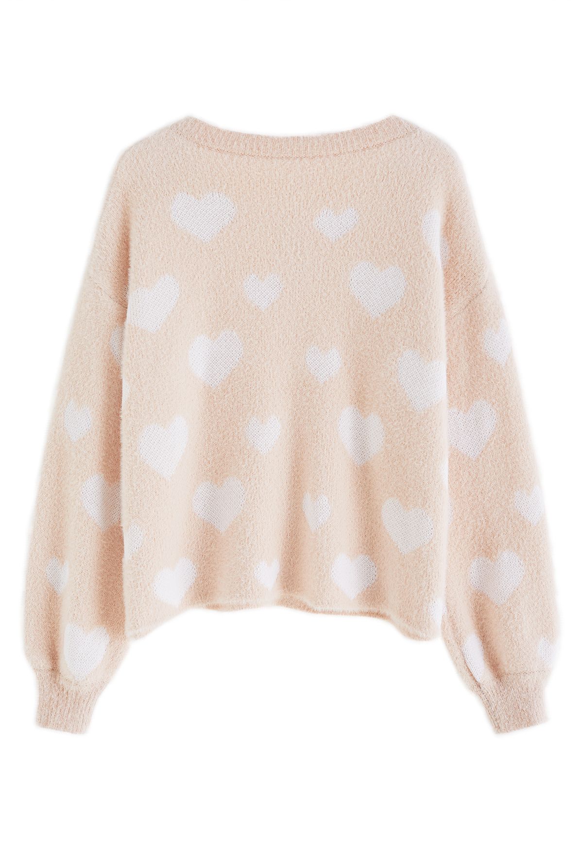 Fuzzy Contrast Heart Strickpullover in Nude Pink