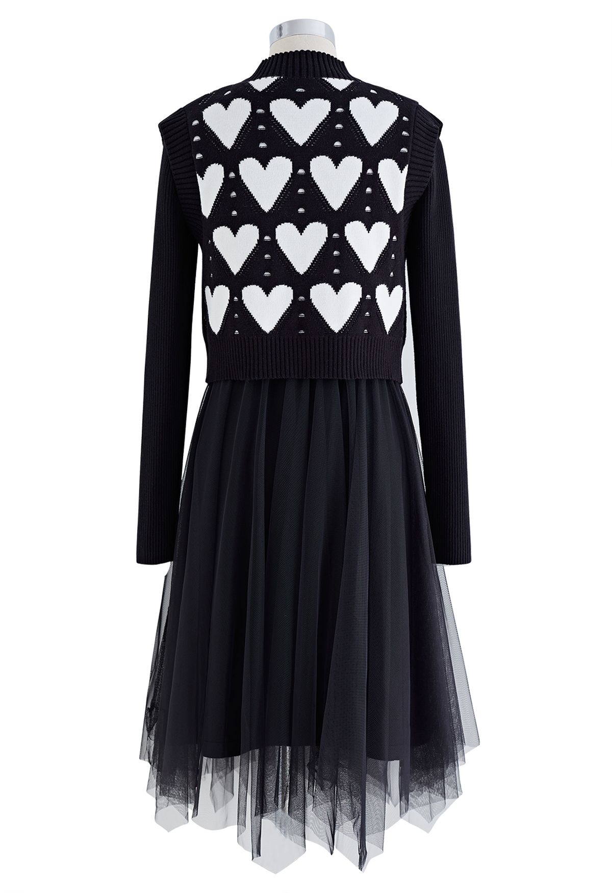 Tüll-Mesh-Rippstrick-Twinset-Kleid mit Herzen in Schwarz